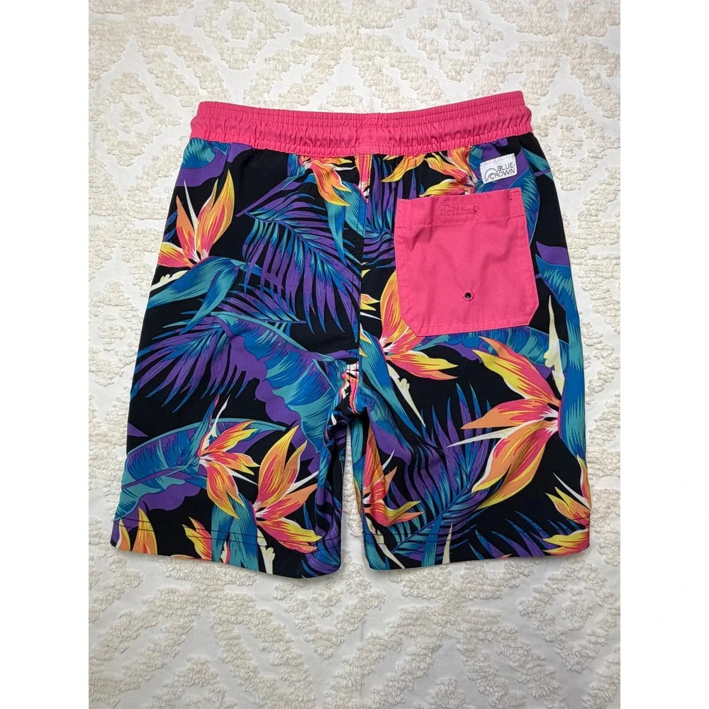 Blue Crown Tropical Bird of Paradise Swim Trunks Pink Black M Kids Beach Surf - Picture 2 of 14